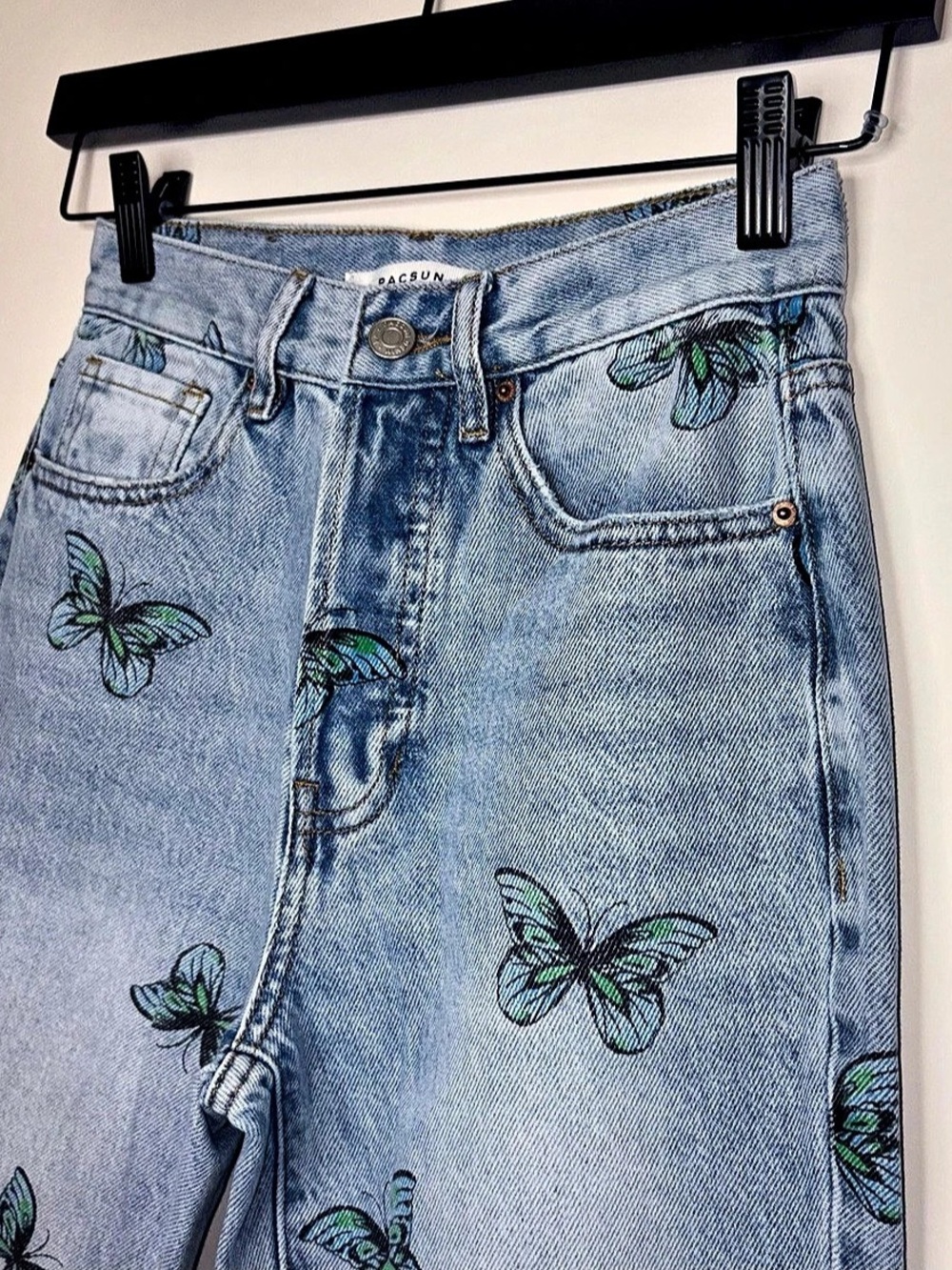 PacSun Butterfly Print High-Rise Straight Leg Jeans Blue Waist 24